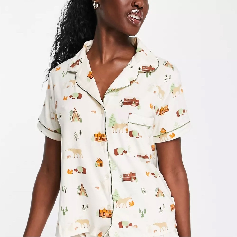 Nwt[chelsea Peers]Woodland Themed White Short Sleeve Pajama Shirt Women‘s Size L